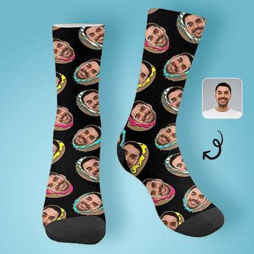 FacePajamas Sublimated Crew Socks One Size Face on Socks Custom Donut Black Sublimated Crew Socks Personalized Picture Socks Unisex Gift for Men Women