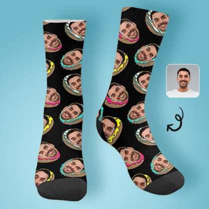 FacePajamas Sublimated Crew Socks One Size Face on Socks Custom Donut Black Sublimated Crew Socks Personalized Picture Socks Unisex Gift for Men Women