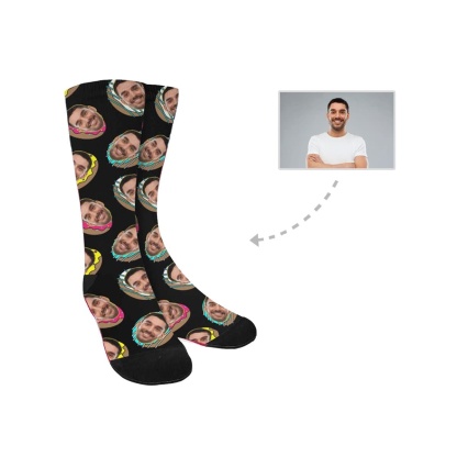 FacePajamas Sublimated Crew Socks One Size Face on Socks Custom Donut Black Sublimated Crew Socks Personalized Picture Socks Unisex Gift for Men Women