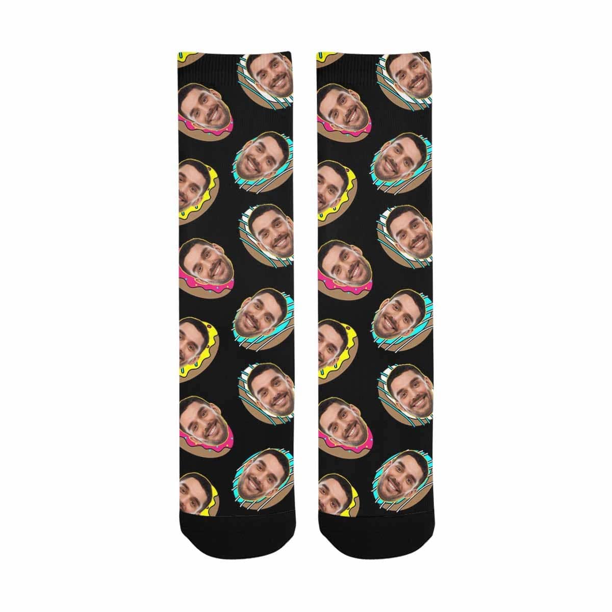 FacePajamas Sublimated Crew Socks One Size Face on Socks Custom Donut Black Sublimated Crew Socks Personalized Picture Socks Unisex Gift for Men Women