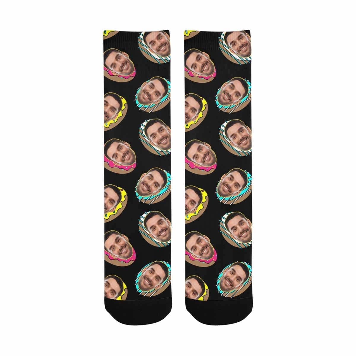 FacePajamas Sublimated Crew Socks One Size Face on Socks Custom Donut Black Sublimated Crew Socks Personalized Picture Socks Unisex Gift for Men Women