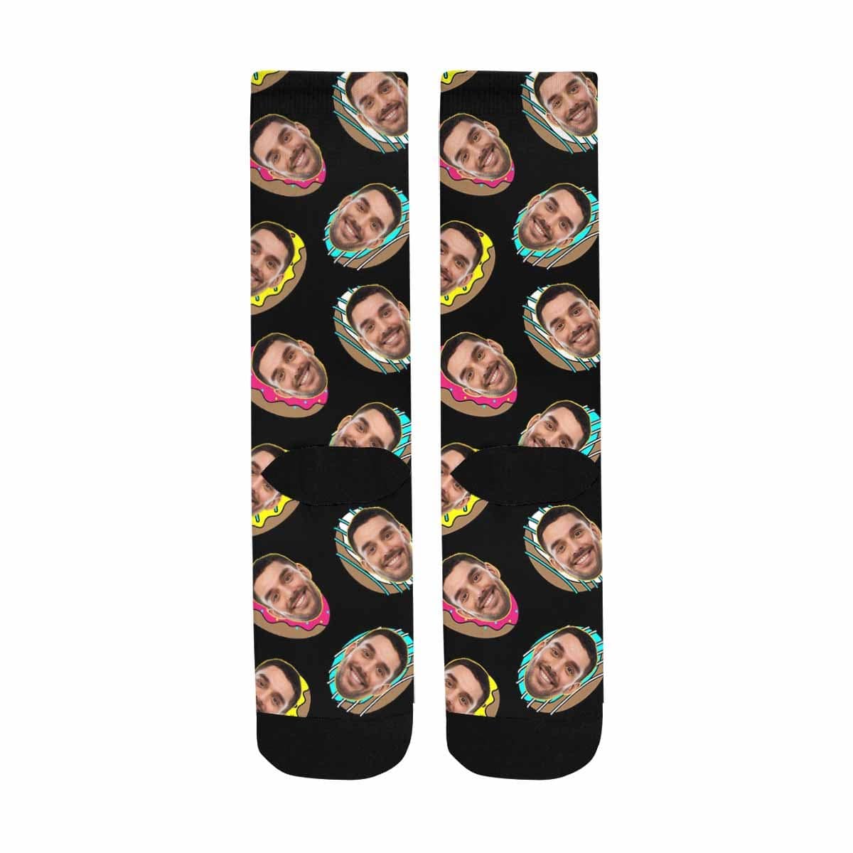 FacePajamas Sublimated Crew Socks One Size Face on Socks Custom Donut Black Sublimated Crew Socks Personalized Picture Socks Unisex Gift for Men Women