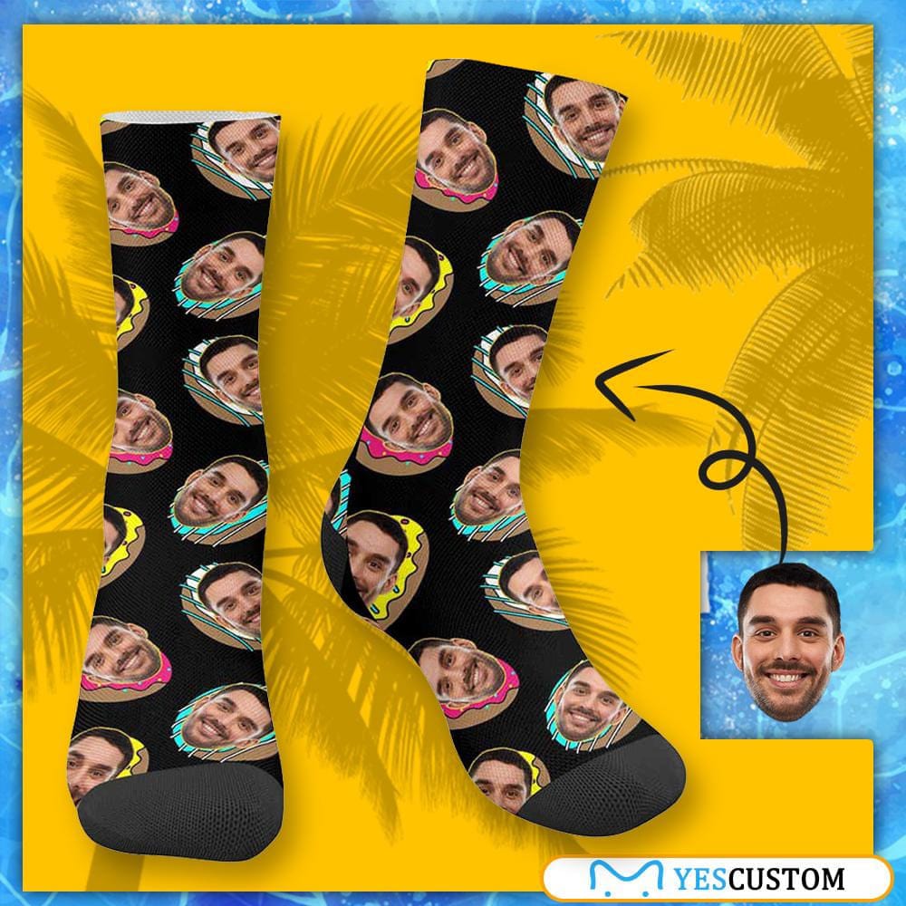 FacePajamas Sublimated Crew Socks One Size Face on Socks Custom Donut Black Sublimated Crew Socks Personalized Picture Socks Unisex Gift for Men Women