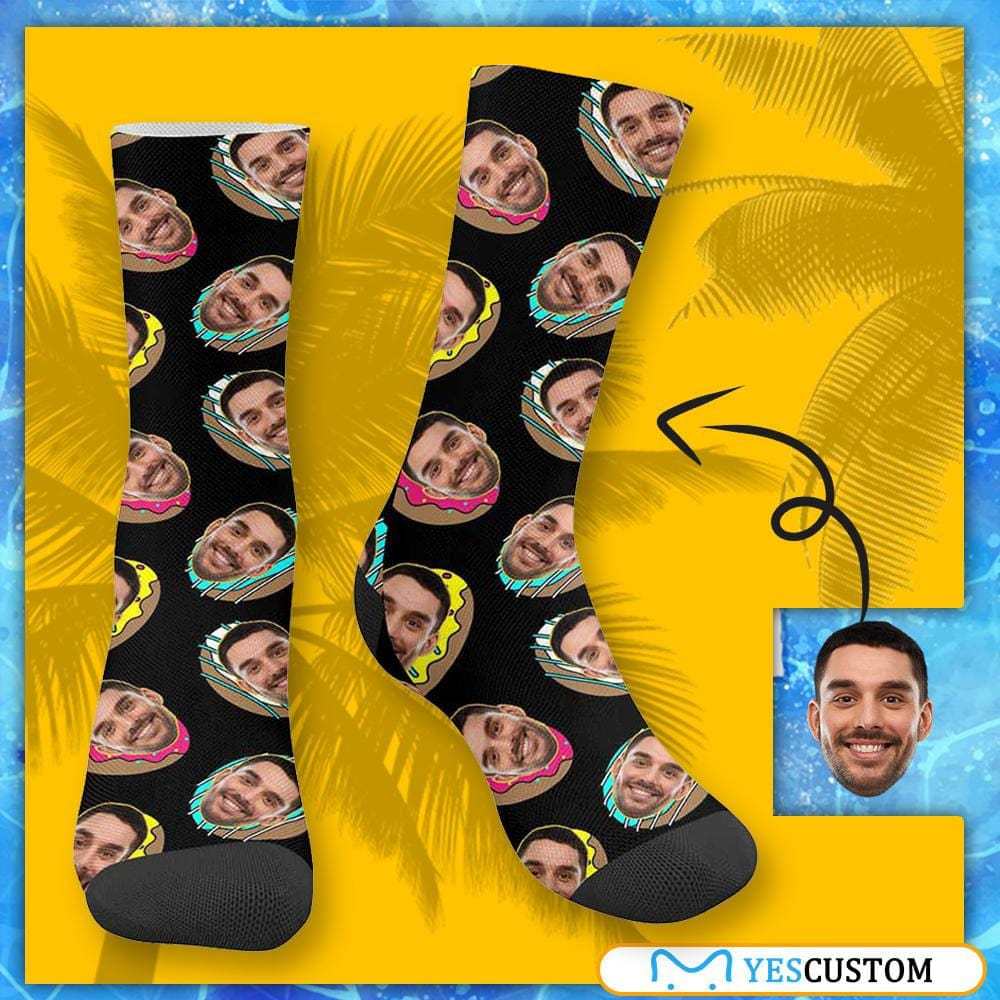 FacePajamas Sublimated Crew Socks One Size Face on Socks Custom Donut Black Sublimated Crew Socks Personalized Picture Socks Unisex Gift for Men Women