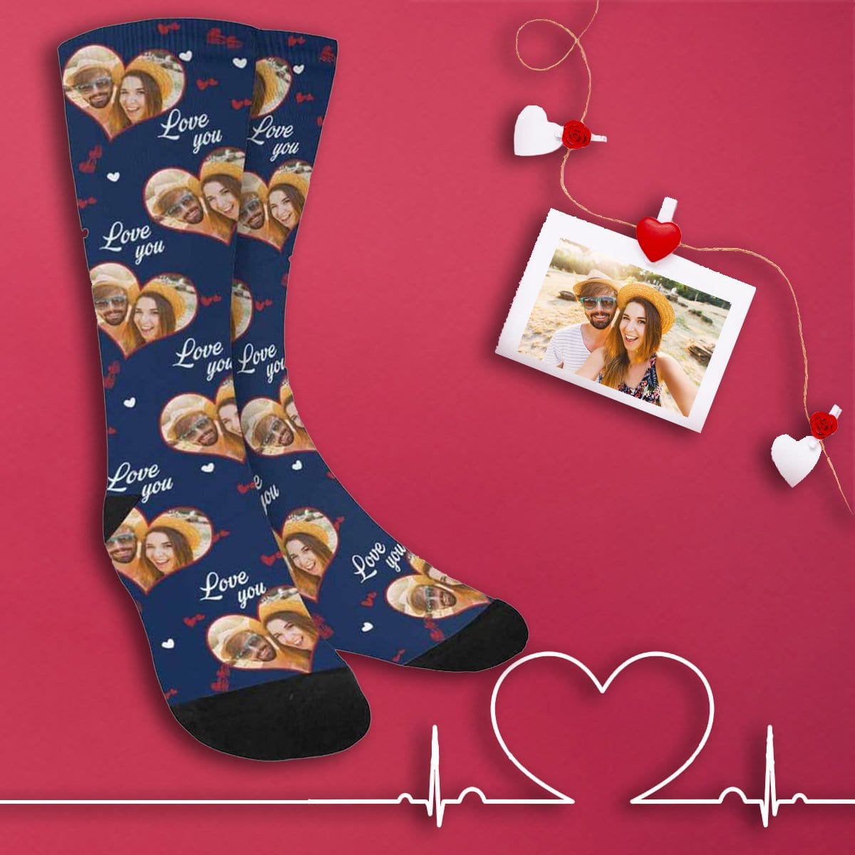 FacePajamas Sublimated Crew Socks One Size Personalized Photo Couple Socks Custom Love Sublimated Crew Socks Unisex Gift for Men Women