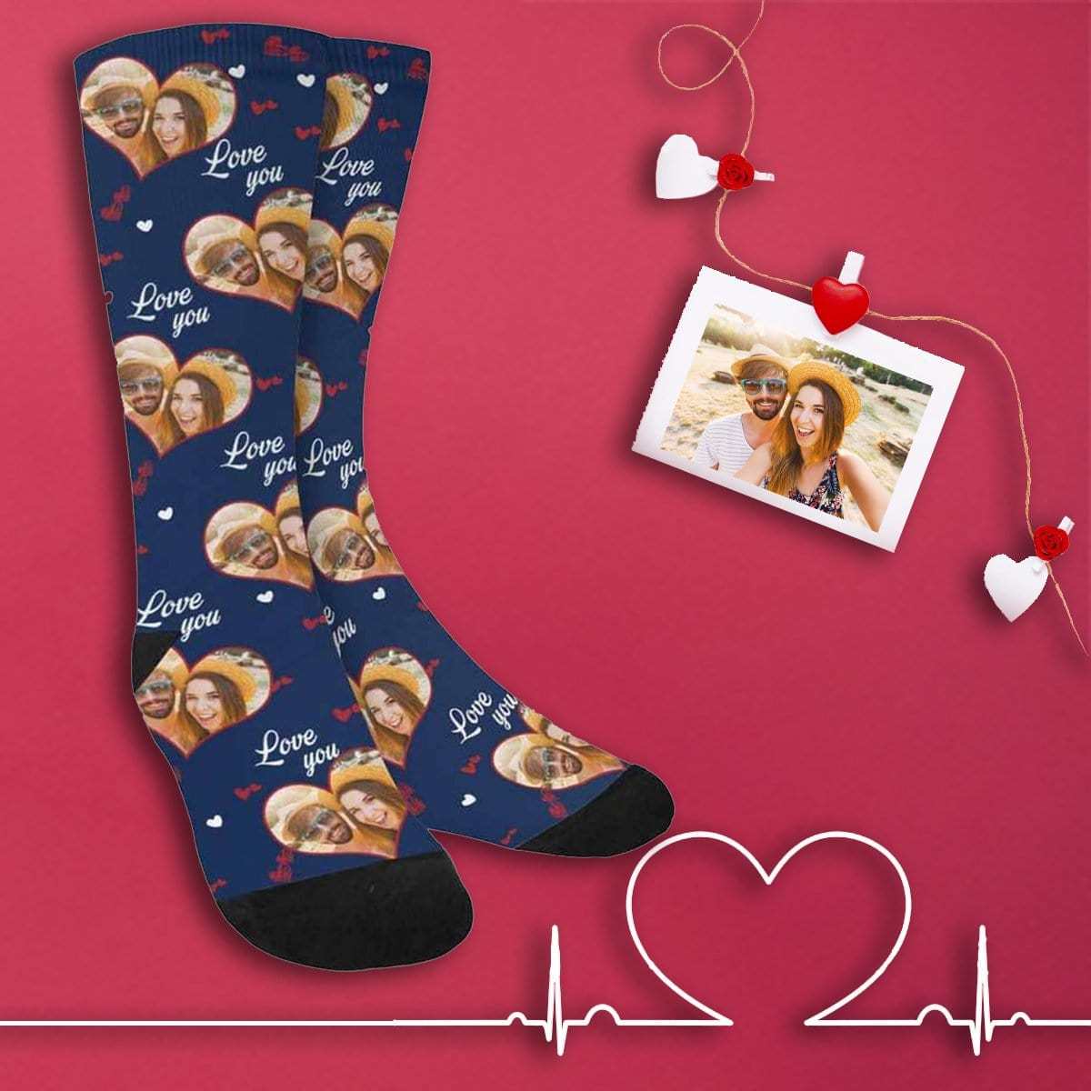 FacePajamas Sublimated Crew Socks One Size Personalized Photo Couple Socks Custom Love Sublimated Crew Socks Unisex Gift for Men Women