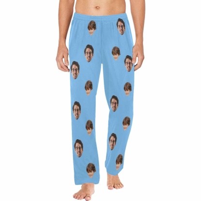 FacePajamas Pajama Shirt&Pants Pajama Pants / S Pajama Shirt&Pajama Pants-Custom Face Pajamas Blue Solid Color Men's Sleepwear Personalized Photo Men's V-Neck Long Pajama Set