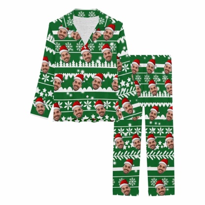 FacePajamas Pajama Pajama Set / Green / XS Custom Face Christmas Snowflake Tree Women's Long Pajama Set Pajama Top&Pajama Bottom