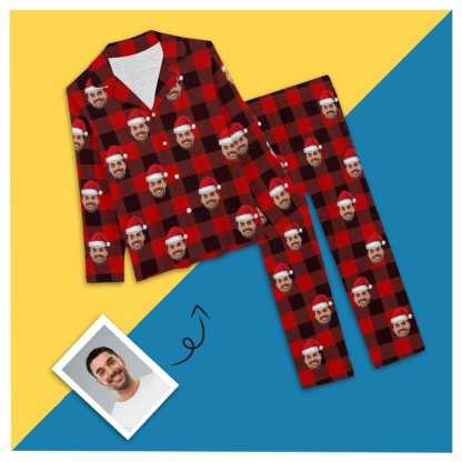 FacePajamas Pajama Pajama Set / XS Custom Face Christmas Hat Red Black Stripe Women's Long Pajama Set Pajama Top&Pajama Bottom