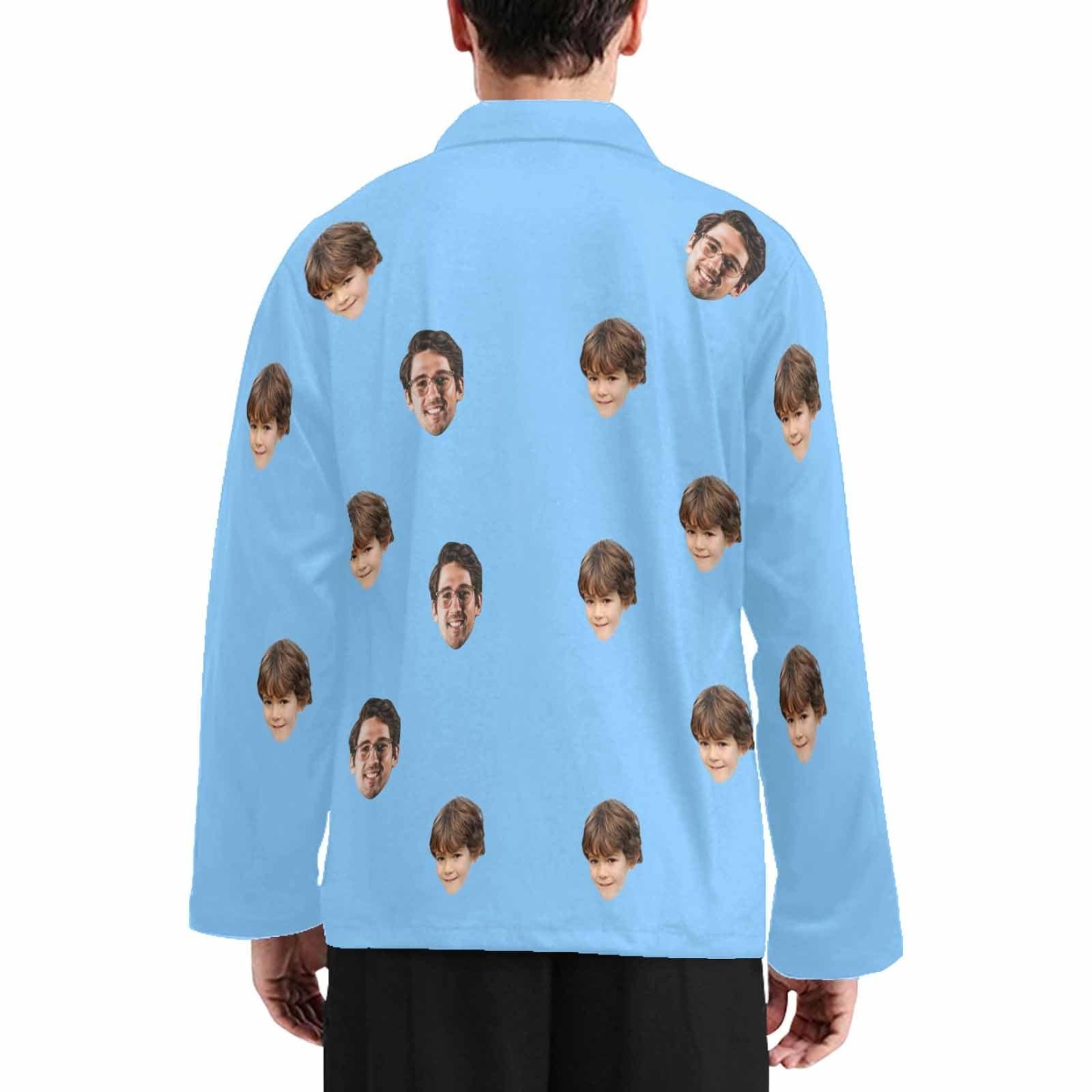 FacePajamas Pajama Shirt&Pants Pajama Shirt&Pajama Pants-Custom Face Pajamas Blue Solid Color Men's Sleepwear Personalized Photo Men's V-Neck Long Pajama Set
