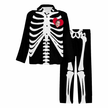 FacePajamas Pajama Shirt&Pajama Pants-Custom Face Pajamas Halloween Skeleton Men's Sleepwear Personalized Photo Men's V-Neck Long Pajama Set