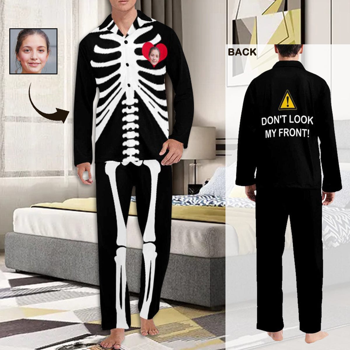 FacePajamas Pajama Pajama Shirt&Pajama Pants-Custom Face Pajamas Halloween Skeleton Men's Sleepwear Personalized Photo Men's V-Neck Long Pajama Set