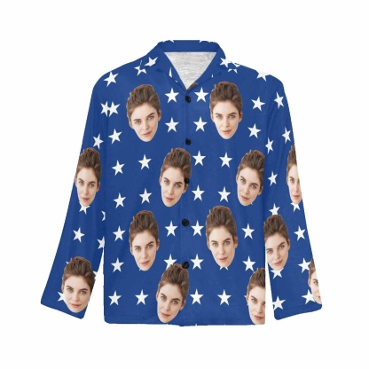 FacePajamas Pajama Shirt&Pants Pajama Shirt&Pajama Pants-Custom Face Pajamas USA Flag Men's Sleepwear Personalized Photo Men's V-Neck Long Sleeve Pajama Set