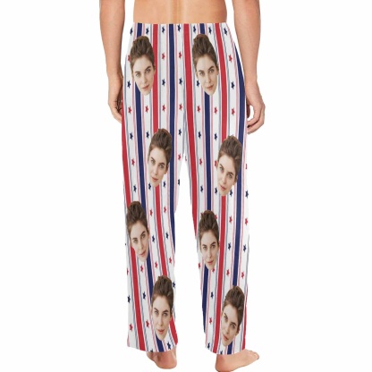 FacePajamas Pajama Shirt&Pants Pajama Shirt&Pajama Pants-Custom Face Pajamas USA Flag Men's Sleepwear Personalized Photo Men's V-Neck Long Sleeve Pajama Set