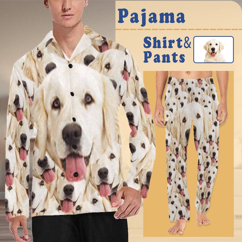 FacePajamas Pajama Shirt&Pants Pajama Shirt&Pajama Pants-Custom Pet Pajamas Face Dog Men's Sleepwear Personalized Photo Men's V-Neck Long Pajama Set