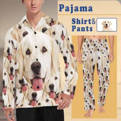 FacePajamas Pajama Shirt&Pants Pajama Shirt&Pajama Pants-Custom Pet Pajamas Face Dog Men's Sleepwear Personalized Photo Men's V-Neck Long Pajama Set
