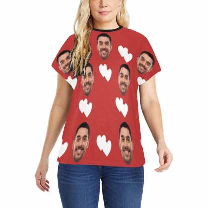 FacePajamas Pajama Shirt&Pants Pajama Shirt / S Custom Husband Face Heart Red Background Sleepwear Personalized Photo Women's Pajama T-Shirt&Shorts&Pants Free Match