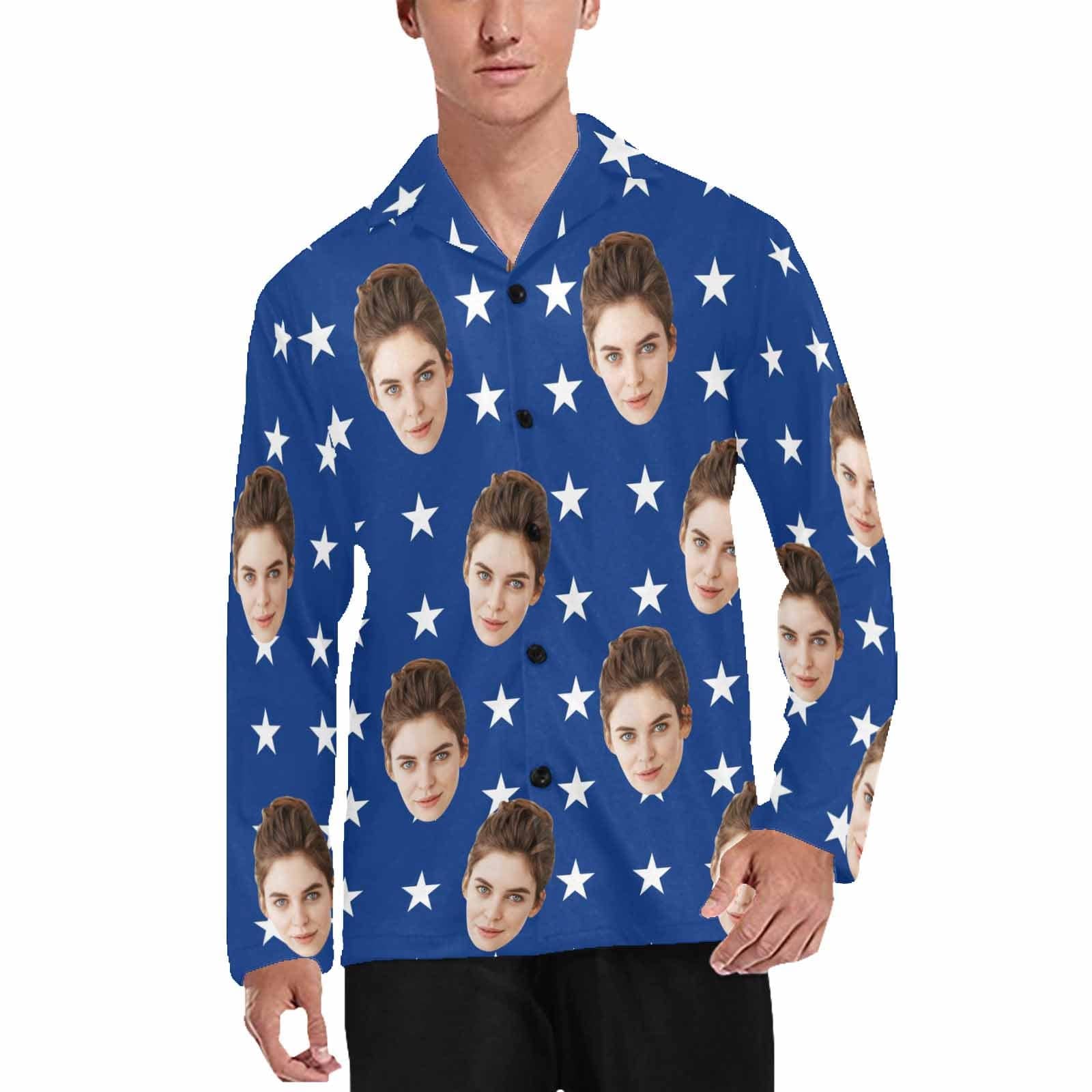 FacePajamas Pajama Shirt&Pants Pajama Shirt / S Pajama Shirt&Pajama Pants-Custom Face Pajamas USA Flag Men's Sleepwear Personalized Photo Men's V-Neck Long Sleeve Pajama Set