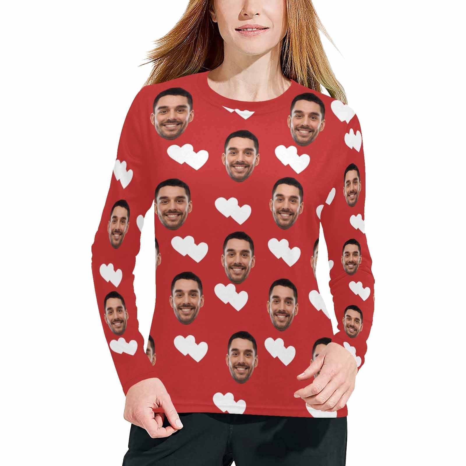 FacePajamas Pajama Shirt&Pants Pajama Shirt / XS Custom Face Heart Red Long Pajama Shirt&Pants Personalized Women's Slumber Party Sleepwear