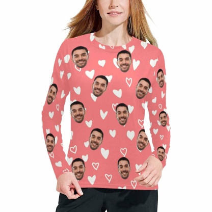 FacePajamas Pajama Shirt&Pants Pajama Shirt / XS Custom Face White Heart Pink Long Pajama Shirt&Pants Personalized Women's Slumber Party Sleepwear