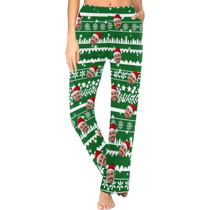 FacePajamas Pajama Pants / Green / XS Custom Face Christmas Snowflake Tree Women's Long Pajama Set Pajama Top&Pajama Bottom