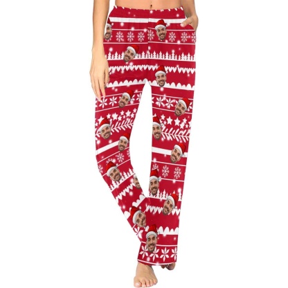 FacePajamas Pajama Pants / Red / XS Custom Face Christmas Snowflake Tree Women's Long Pajama Set Pajama Top&Pajama Bottom