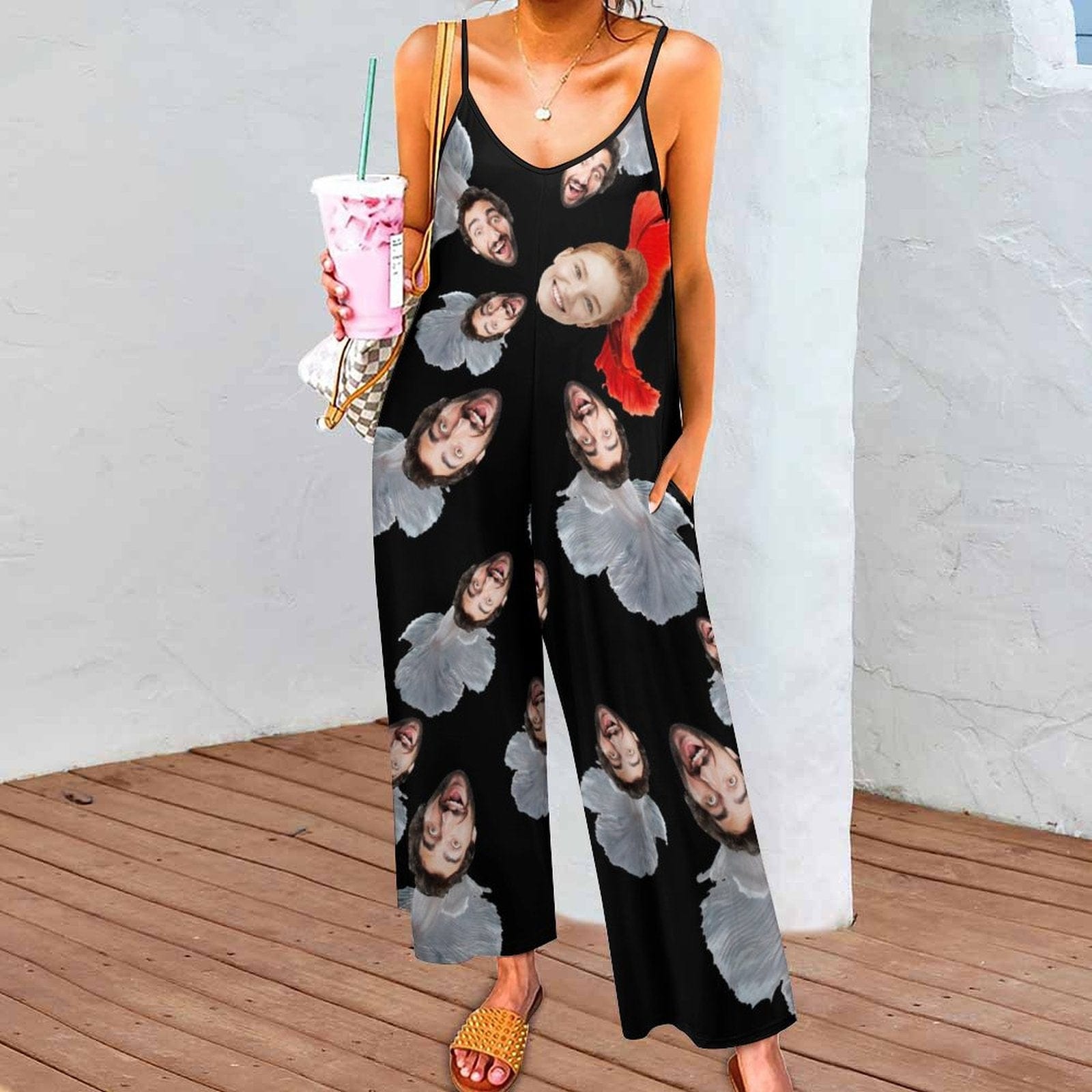 FacePajamas Pajama-2ML-SDS Persoanlized Sleepwear Custom Couple Face Loungewear with Photo On Them Mermaid Women's Suspender Jumpsuit Loungewear