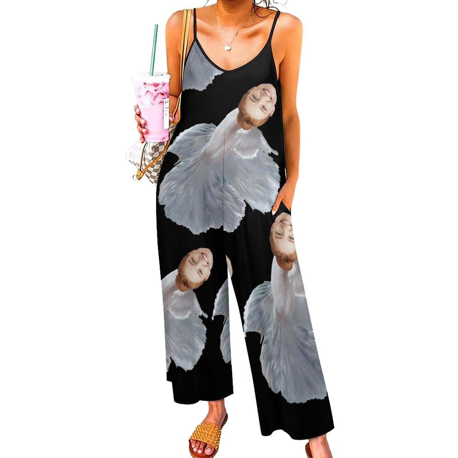 FacePajamas Pajama-2ML-SDS Persoanlized Sleepwear Custom Face Loungewear with Photo On Them White Mermaid Women's Suspender Jumpsuit Loungewear