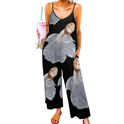 FacePajamas Pajama-2ML-SDS Persoanlized Sleepwear Custom Face Loungewear with Photo On Them White Mermaid Women's Suspender Jumpsuit Loungewear