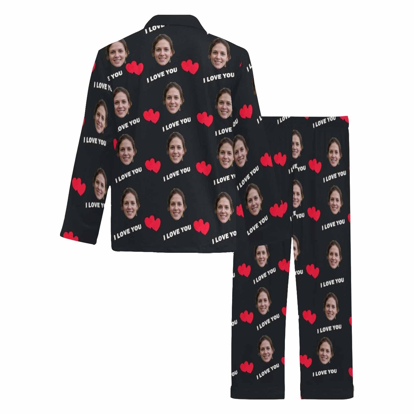 FacePajamas Pajama Custom Face I Love You Black Background Sleepwear Personalized Women's Long Pajama Set