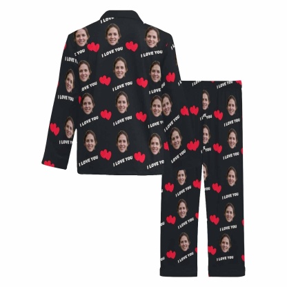 FacePajamas Pajama Custom Face I Love You Black Background Sleepwear Personalized Women's Long Pajama Set