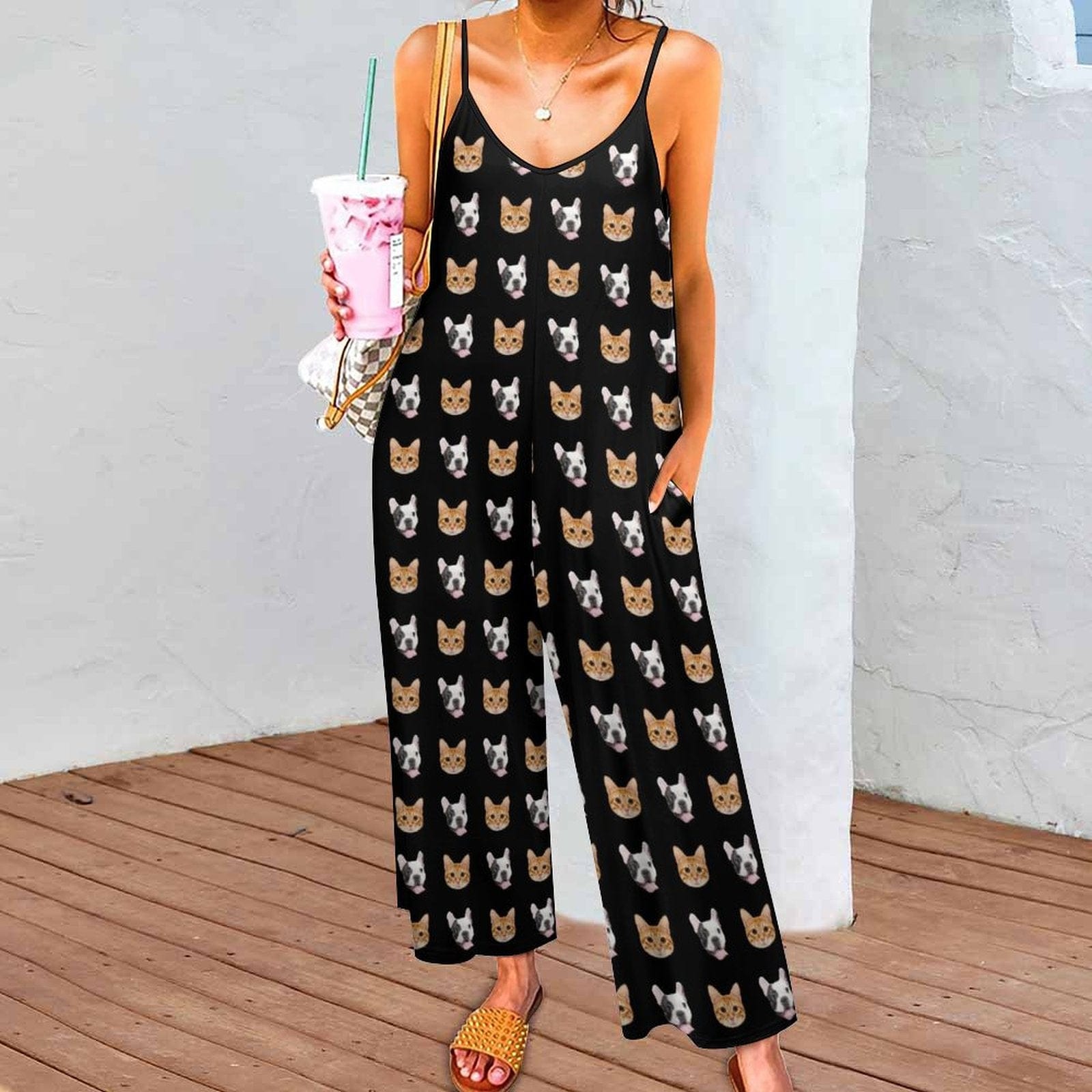 FacePajamas Pajama-2ML-SDS Persoanlized Sleepwear Custom Pet Photo Funny Loungewear With Faces On Them Women's Suspender Jumpsuit Loungewear