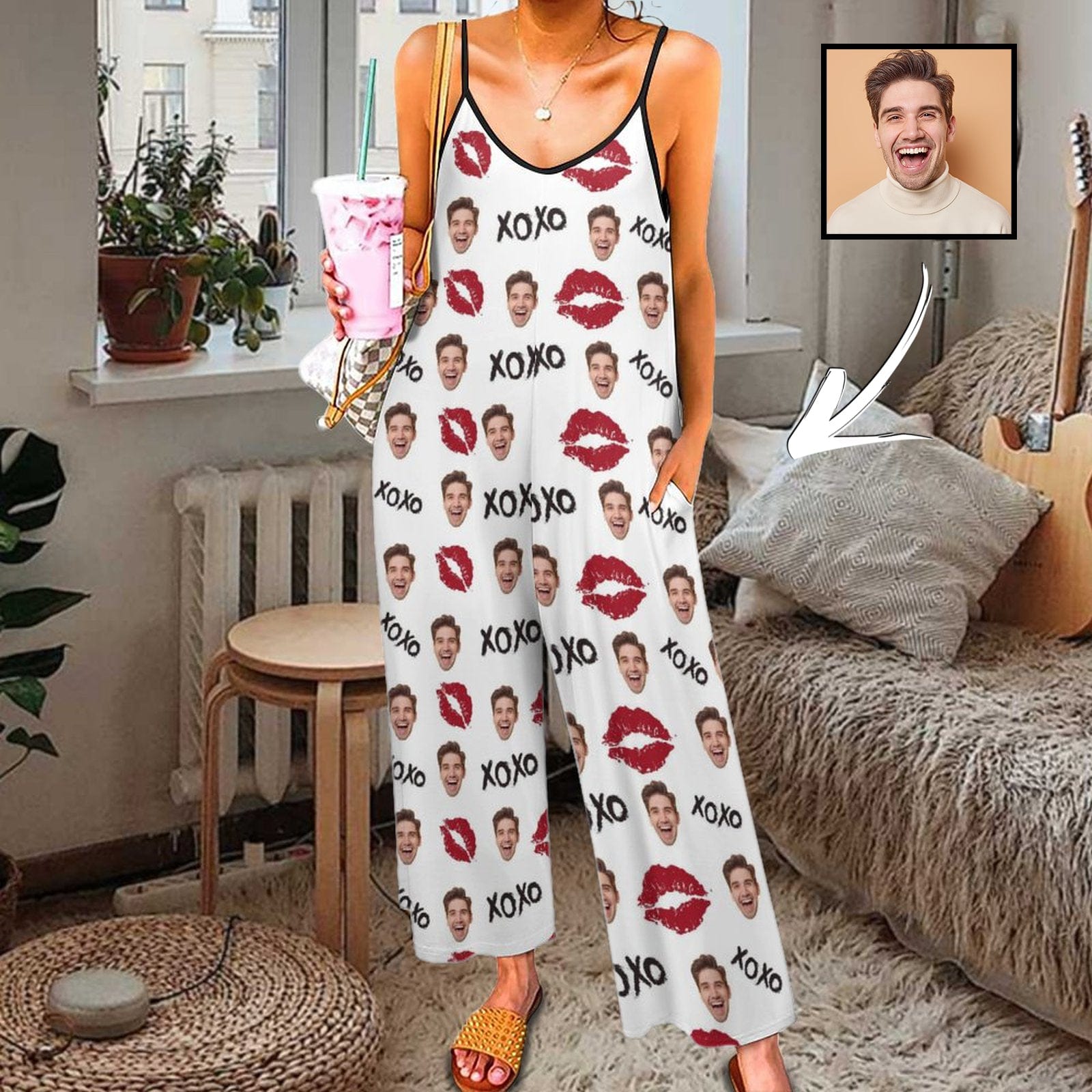 FacePajamas Pajama-2ML-SDS Persoanlized Sleepwear Custom Photo Funny Loungewear With Faces On Them Women's Red Lips  Suspender Jumpsuit Loungewear