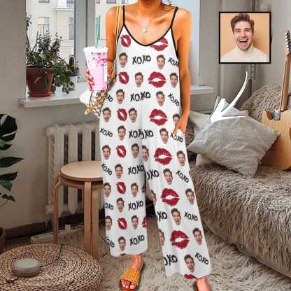 FacePajamas Pajama-2ML-SDS Persoanlized Sleepwear Custom Photo Funny Loungewear With Faces On Them Women's Red Lips  Suspender Jumpsuit Loungewear