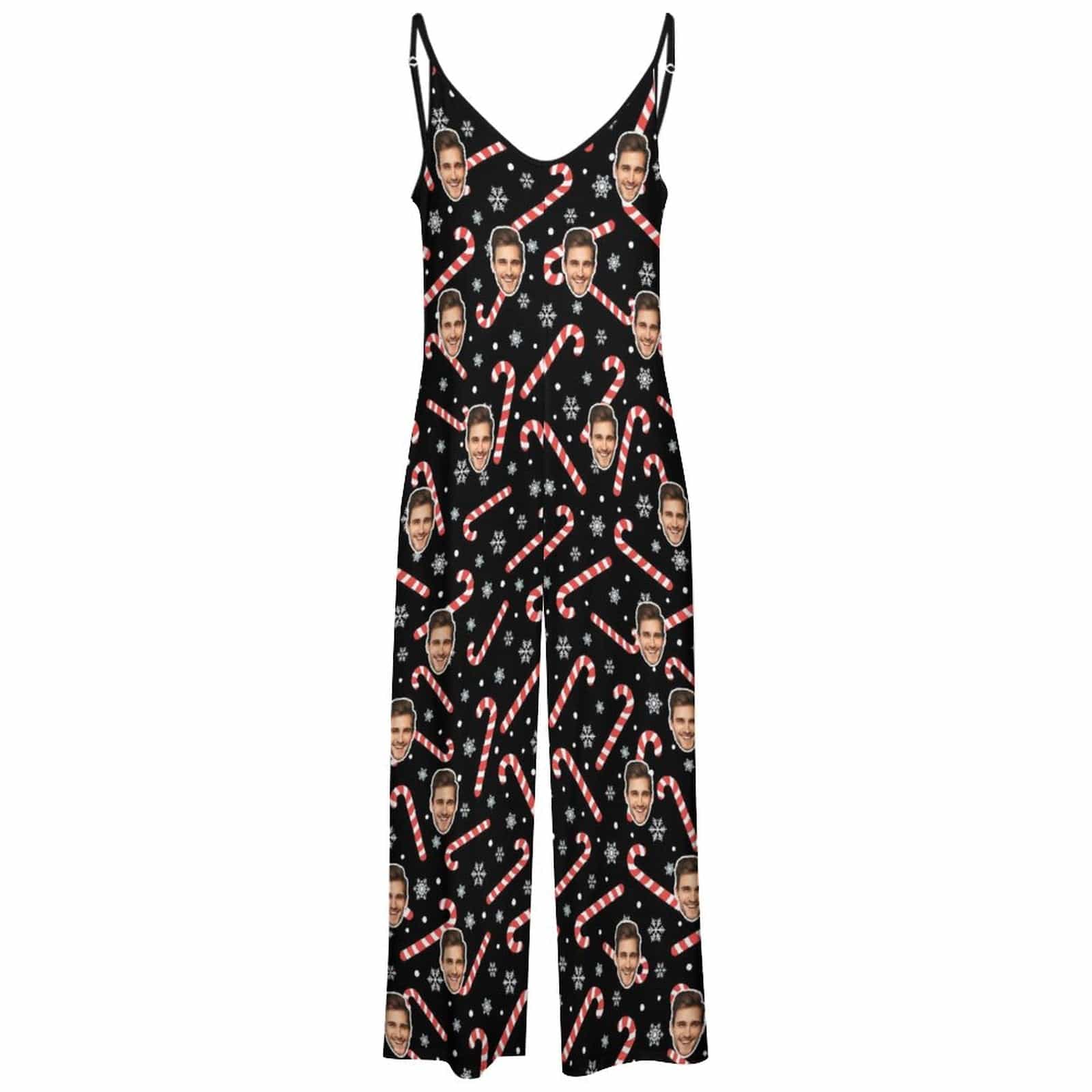 FacePajamas Pajama-2ML-SDS Persoanlized Sleepwear Custom Photo Funny Loungewear With Faces On Women's Christmas Candy Cane Snowflake Suspender Jumpsuit Loungewear