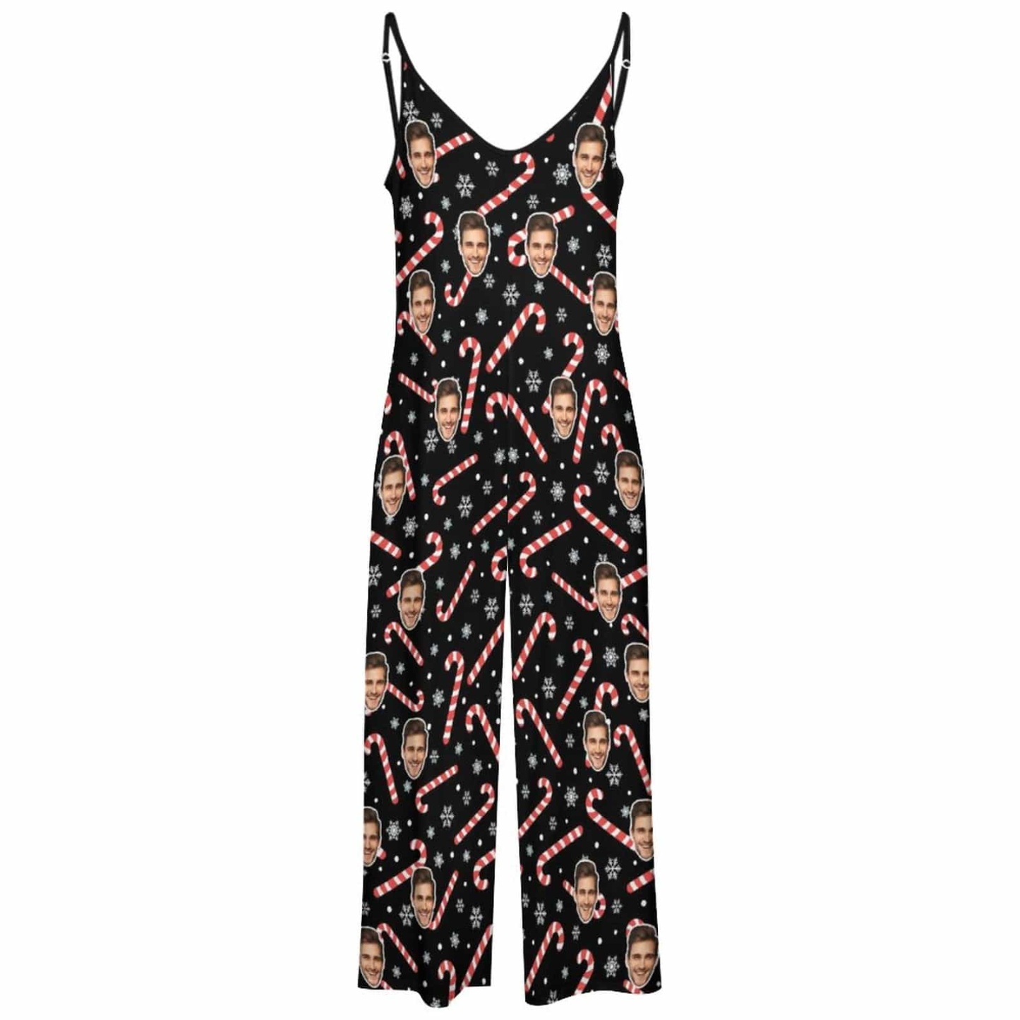 FacePajamas Pajama-2ML-SDS Persoanlized Sleepwear Custom Photo Funny Loungewear With Faces On Women's Christmas Candy Cane Snowflake Suspender Jumpsuit Loungewear
