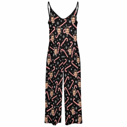 FacePajamas Pajama-2ML-SDS Persoanlized Sleepwear Custom Photo Funny Loungewear With Faces On Women's Christmas Candy Cane Snowflake Suspender Jumpsuit Loungewear