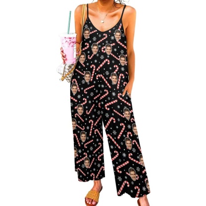 FacePajamas Pajama-2ML-SDS Persoanlized Sleepwear Custom Photo Funny Loungewear With Faces On Women's Christmas Candy Cane Snowflake Suspender Jumpsuit Loungewear