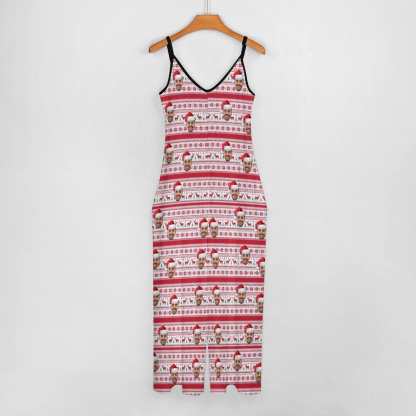 FacePajamas Pajama-2ML-SDS Persoanlized Sleepwear Custom Photo Funny Loungewear With Faces On Women's Christmas Hat Elk Snowflake Suspender Jumpsuit Loungewear