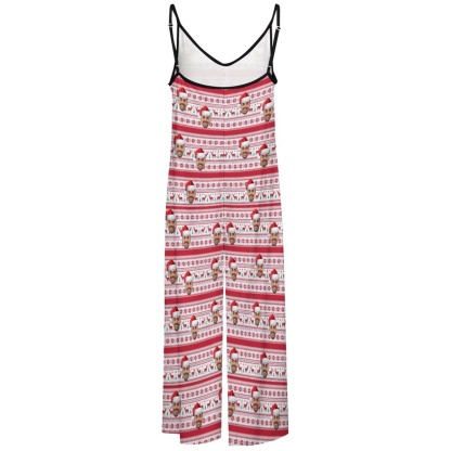 FacePajamas Pajama-2ML-SDS Persoanlized Sleepwear Custom Photo Funny Loungewear With Faces On Women's Christmas Hat Elk Snowflake Suspender Jumpsuit Loungewear