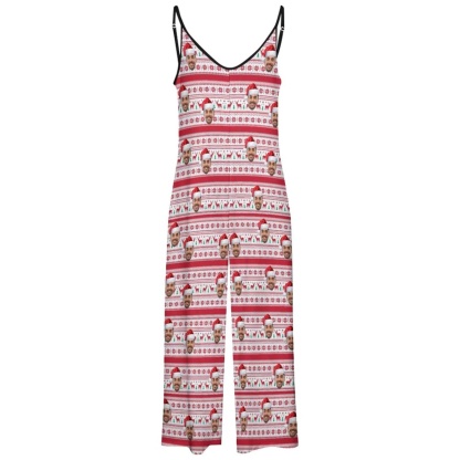FacePajamas Pajama-2ML-SDS Persoanlized Sleepwear Custom Photo Funny Loungewear With Faces On Women's Christmas Hat Elk Snowflake Suspender Jumpsuit Loungewear