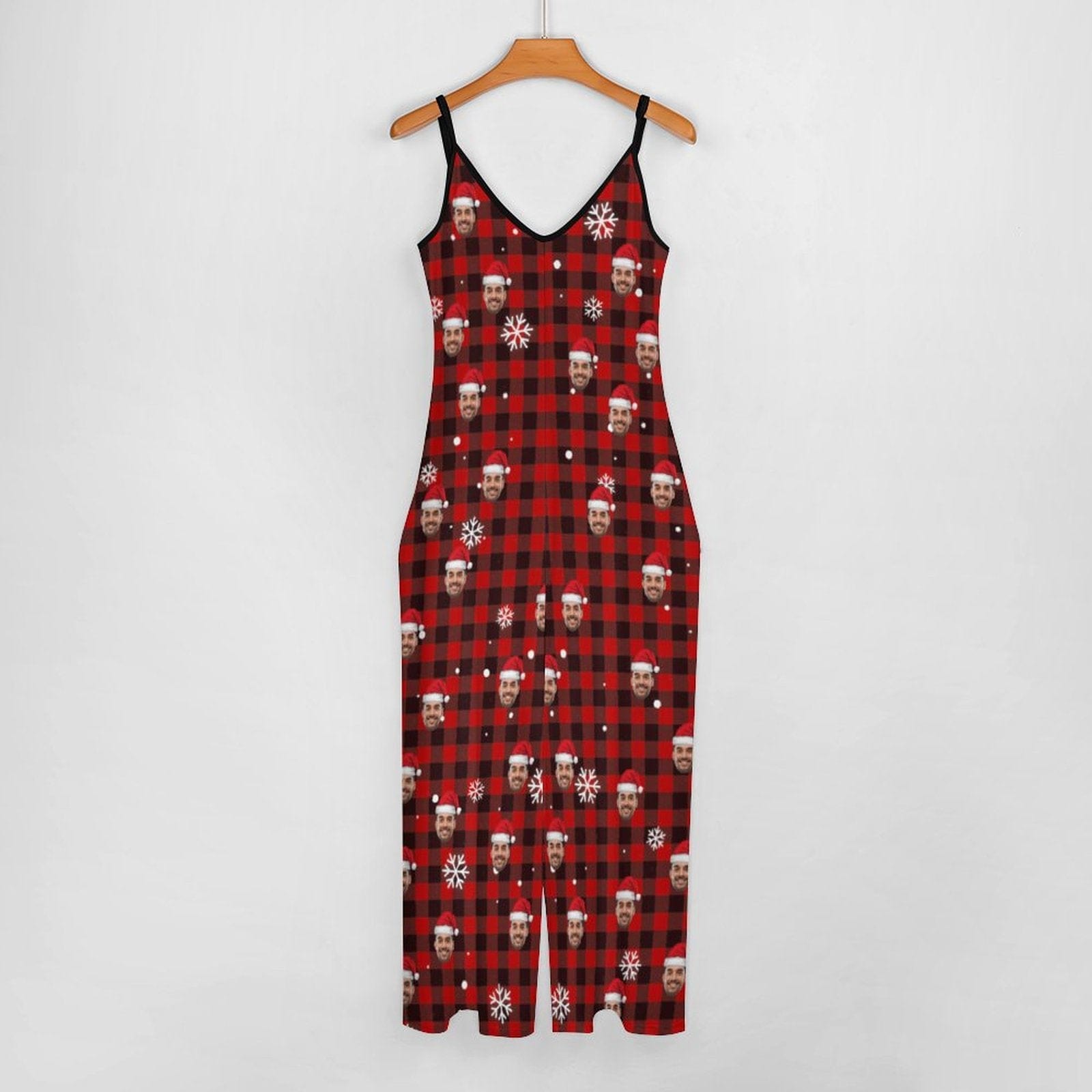 FacePajamas Pajama-2ML-SDS Persoanlized Sleepwear Custom Photo Funny Loungewear With Faces On Women's Red Plaid Christmas Hat Suspender Jumpsuit Loungewear