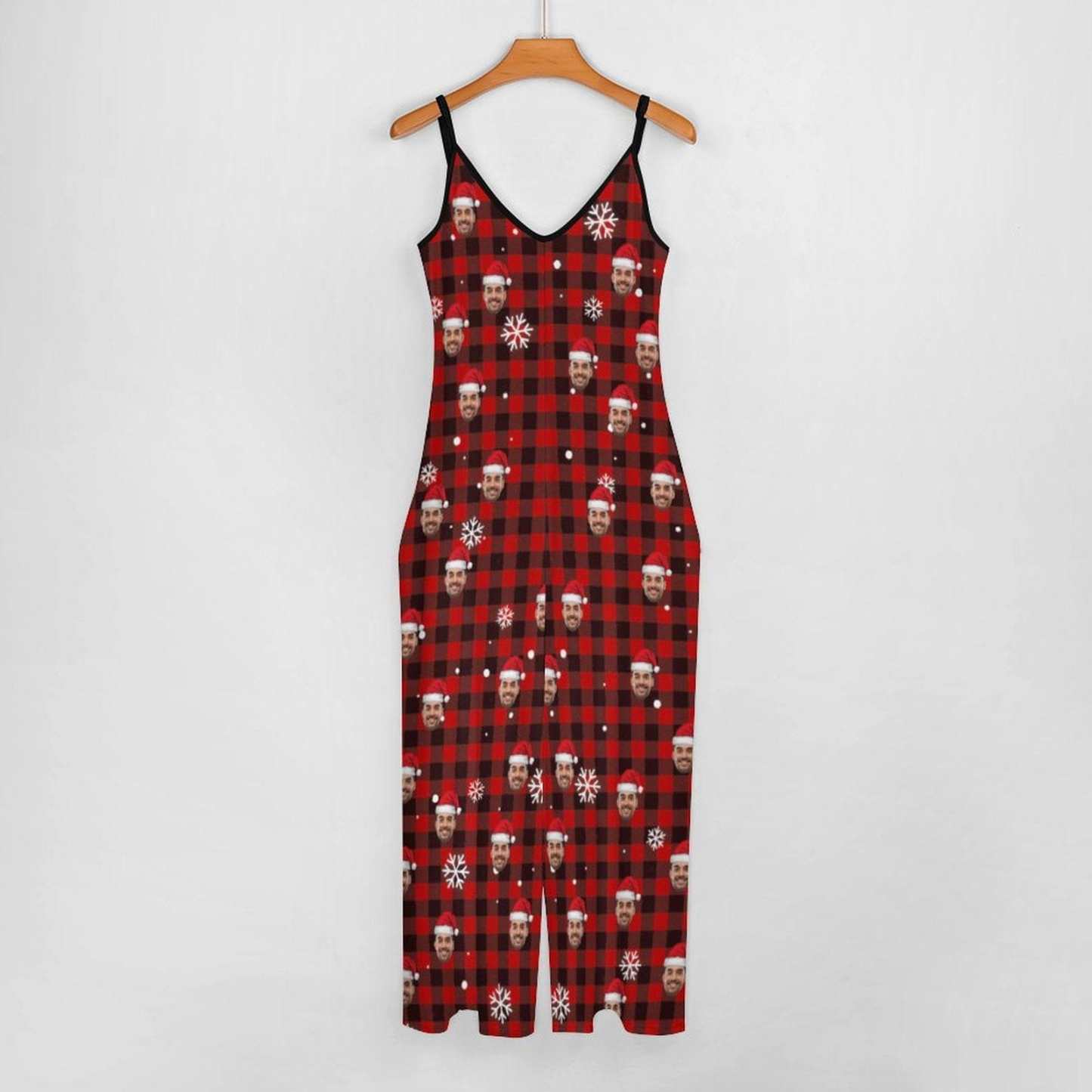 FacePajamas Pajama-2ML-SDS Persoanlized Sleepwear Custom Photo Funny Loungewear With Faces On Women's Red Plaid Christmas Hat Suspender Jumpsuit Loungewear