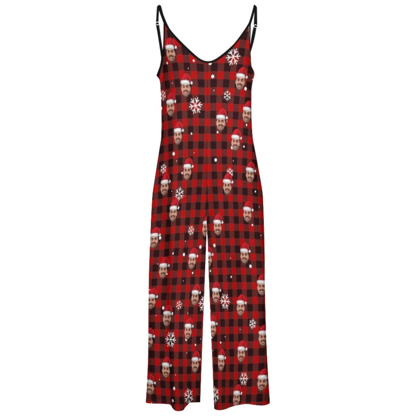 FacePajamas Pajama-2ML-SDS Persoanlized Sleepwear Custom Photo Funny Loungewear With Faces On Women's Red Plaid Christmas Hat Suspender Jumpsuit Loungewear