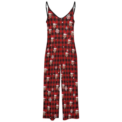 FacePajamas Pajama-2ML-SDS Persoanlized Sleepwear Custom Photo Funny Loungewear With Faces On Women's Red Plaid Christmas Hat Suspender Jumpsuit Loungewear