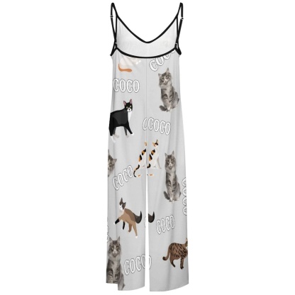 FacePajamas Pajama-2ML-SDS Persoanlized Sleepwear Custom Photo & Name Loungewear with Cat Picture On Them Women's Suspender Jumpsuit Loungewear