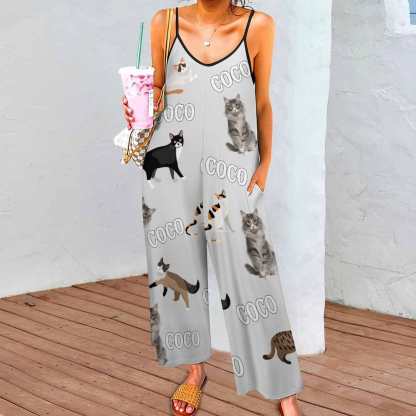 FacePajamas Pajama-2ML-SDS Persoanlized Sleepwear Custom Photo & Name Loungewear with Cat Picture On Them Women's Suspender Jumpsuit Loungewear