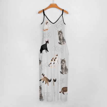 FacePajamas Pajama-2ML-SDS Persoanlized Sleepwear Custom Photo & Name Loungewear with Cat Picture On Them Women's Suspender Jumpsuit Loungewear