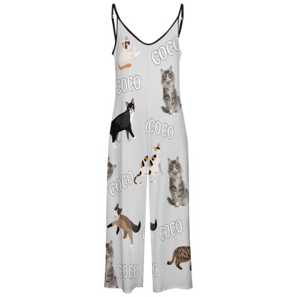 FacePajamas Pajama-2ML-SDS Persoanlized Sleepwear Custom Photo & Name Loungewear with Cat Picture On Them Women's Suspender Jumpsuit Loungewear