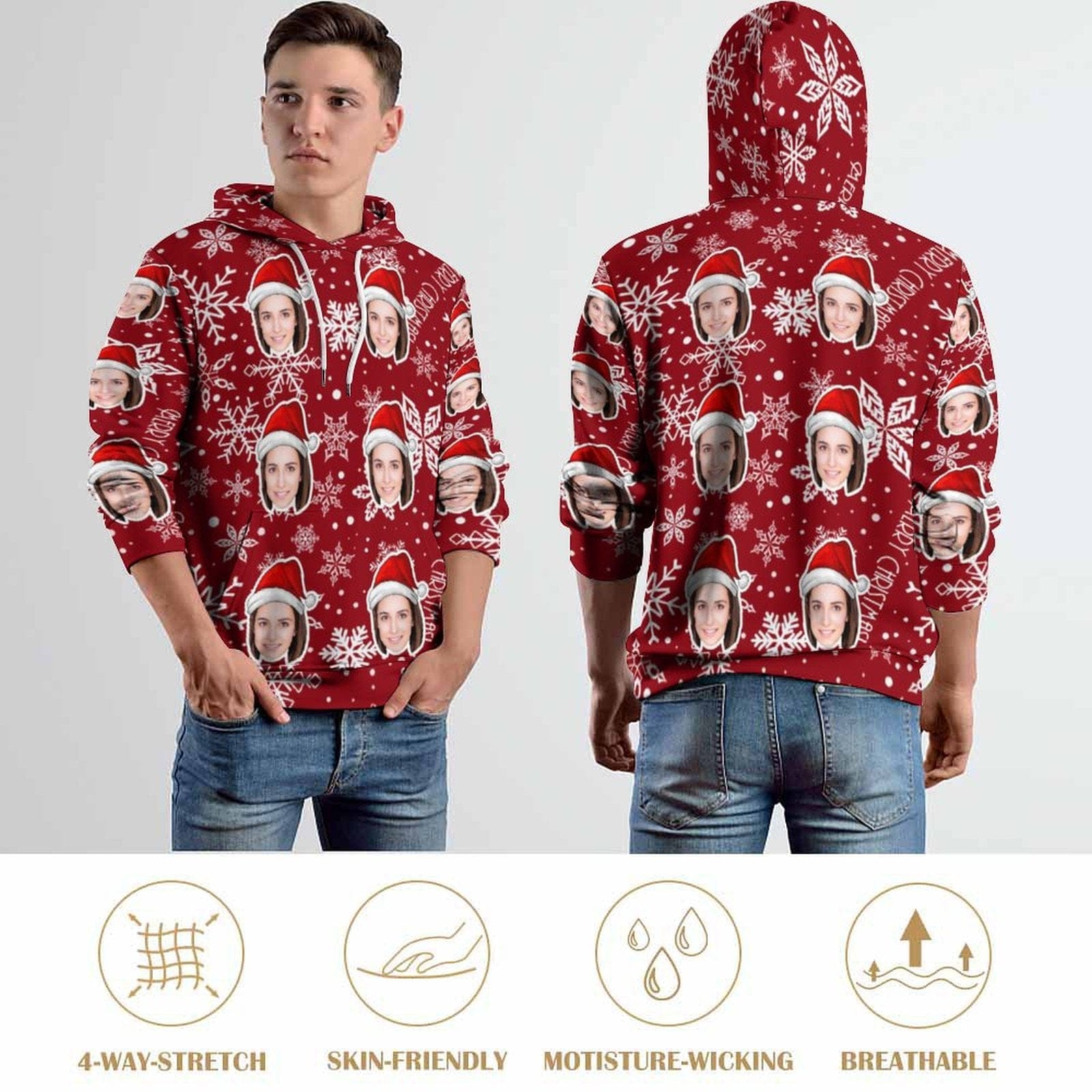 FacePajamas Hoodie-2WH-SDS Personalised Hoodies Custom Face Christmas Snowflake Hoodie Unisex Large Size Design Your Own Hoodie Personalized Loose Hoodie Top Outfits